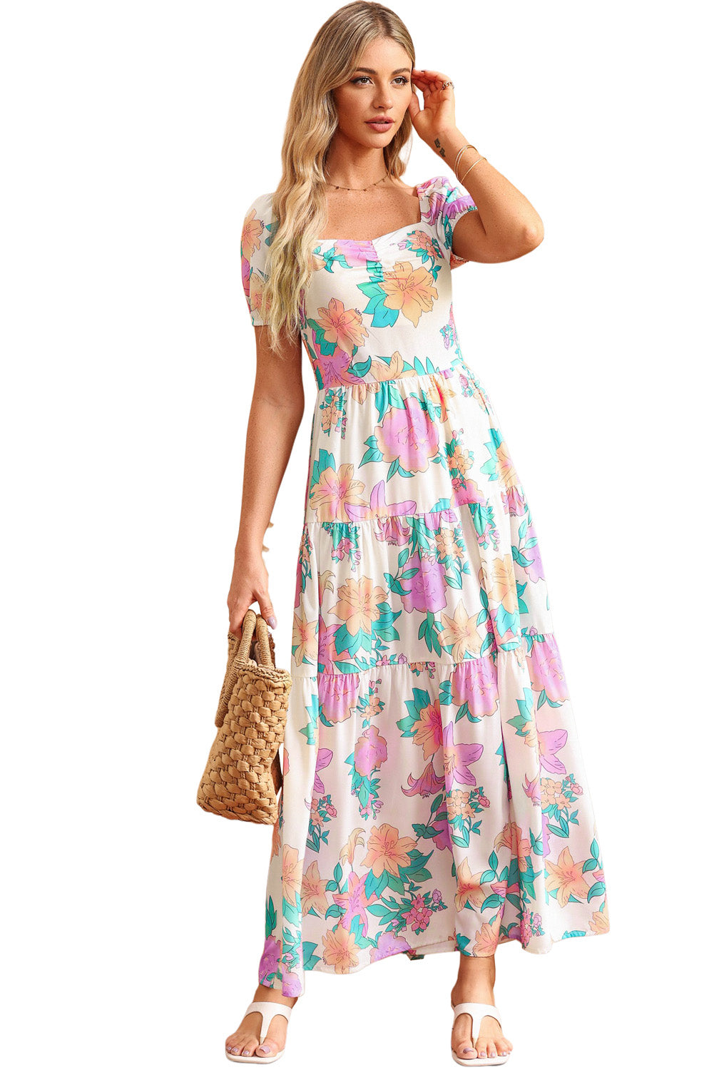 Multicolor Square Neck Puff Sleeve Tiered Floral Maxi Dress