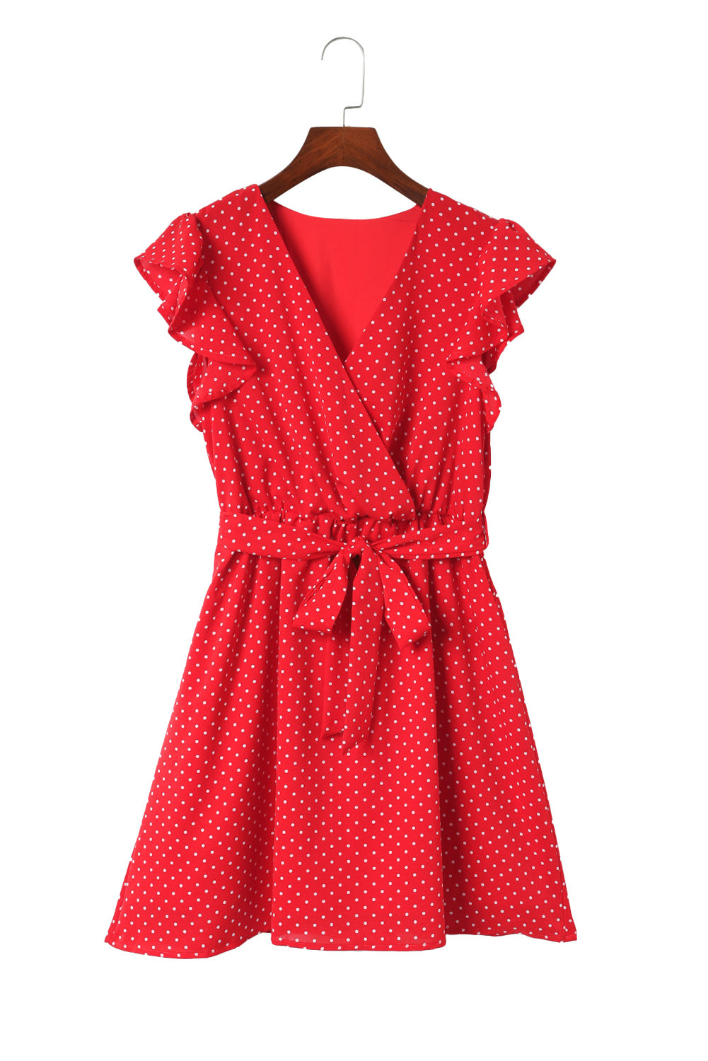 Red Polka Dot V Neck Ruffle Sleeve Dress