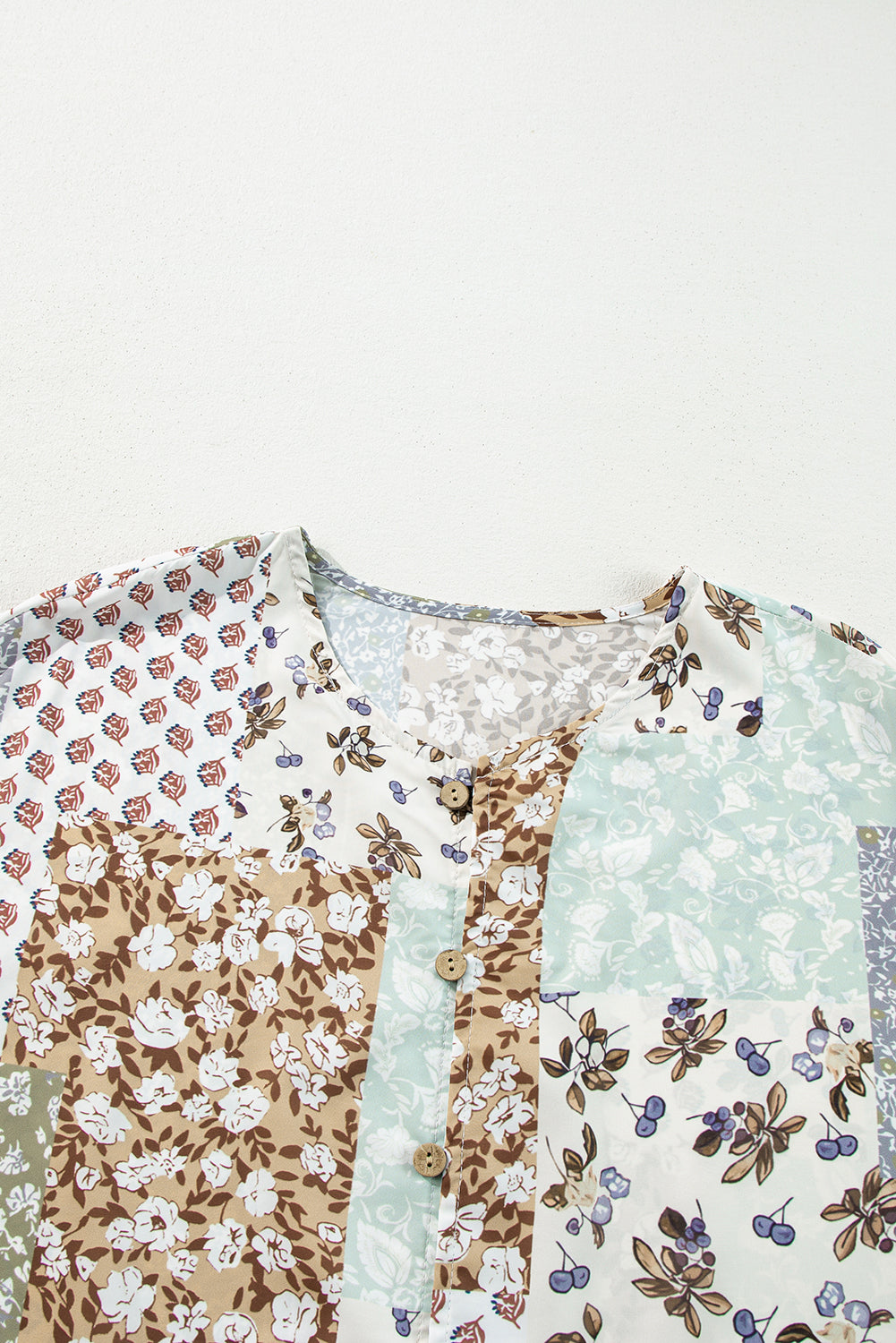 Multicolor Floral Patchwork Print Long Puff Sleeve Shirt