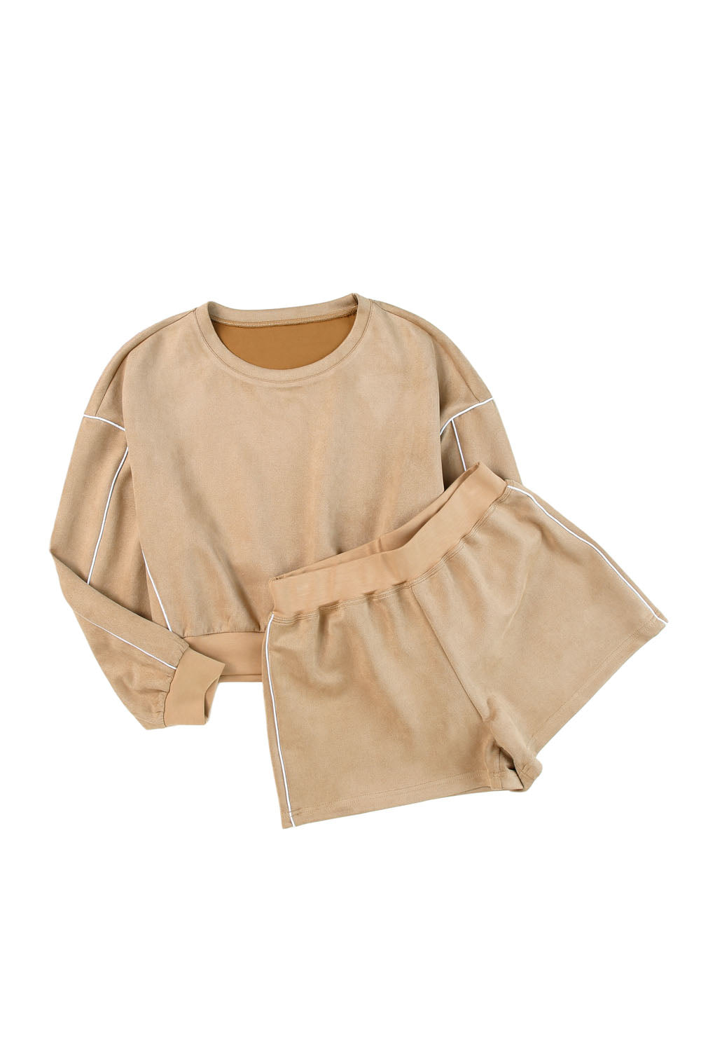 Khaki Piping Trim Long Sleeve Terry Shorts Set