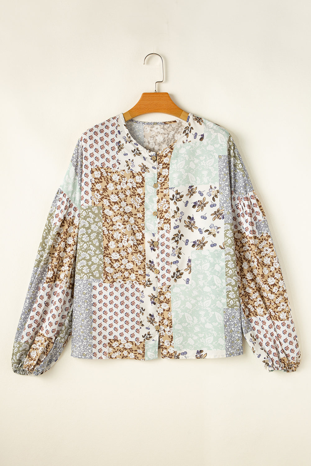 Multicolor Floral Patchwork Print Long Puff Sleeve Shirt