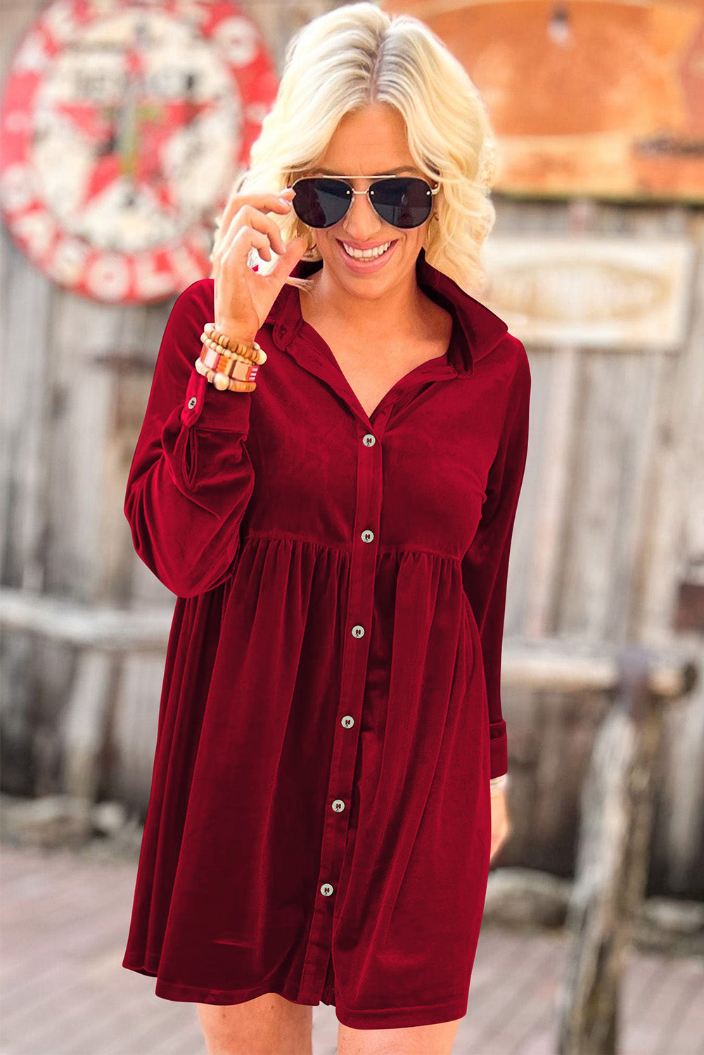 Red Long Sleeve Ruffle Velvet Button Up Dress