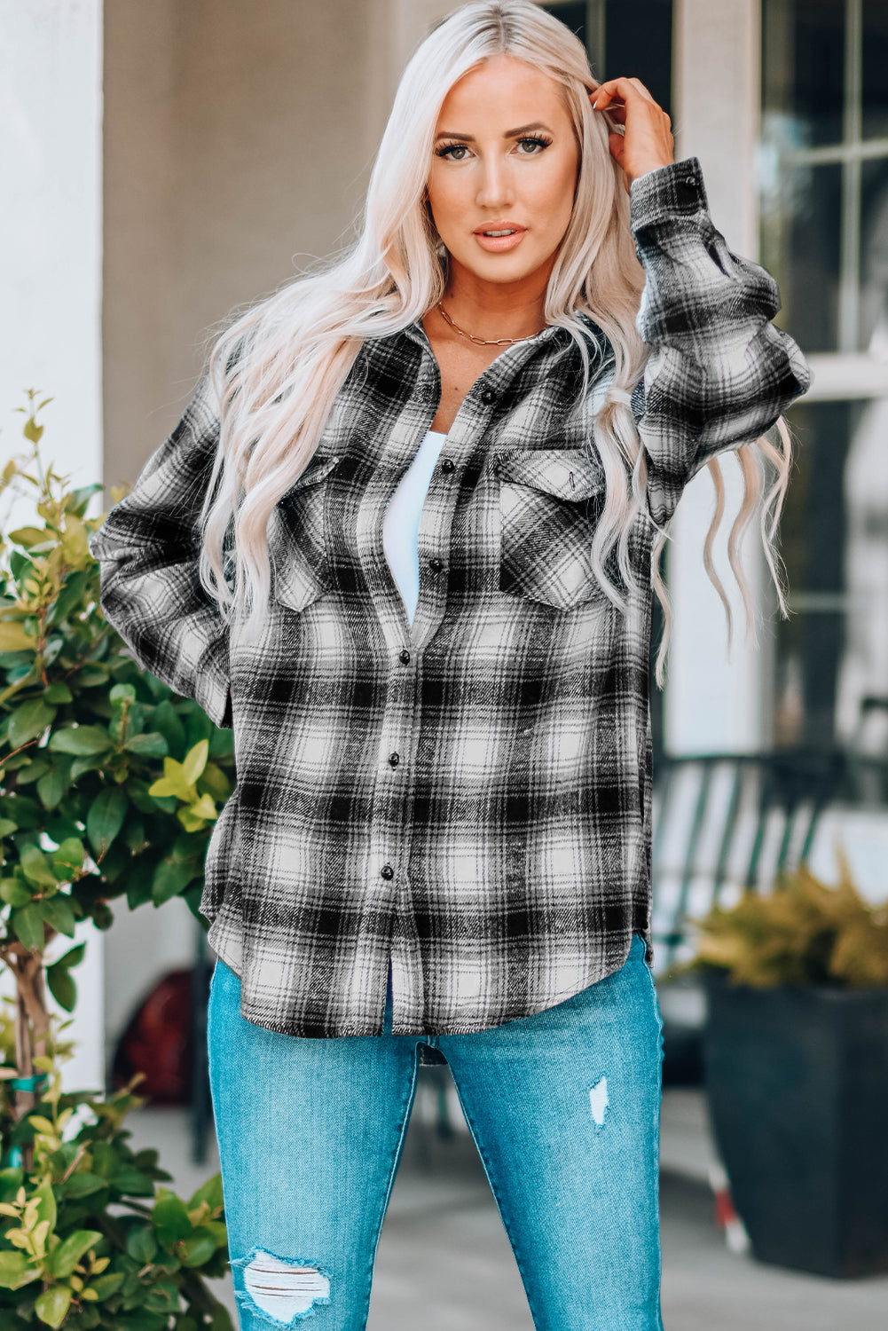 Black Buttons Pocketed Plaid Shacket