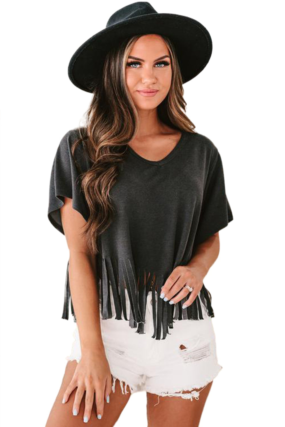 Black Fringe Hem V Neck T Shirt