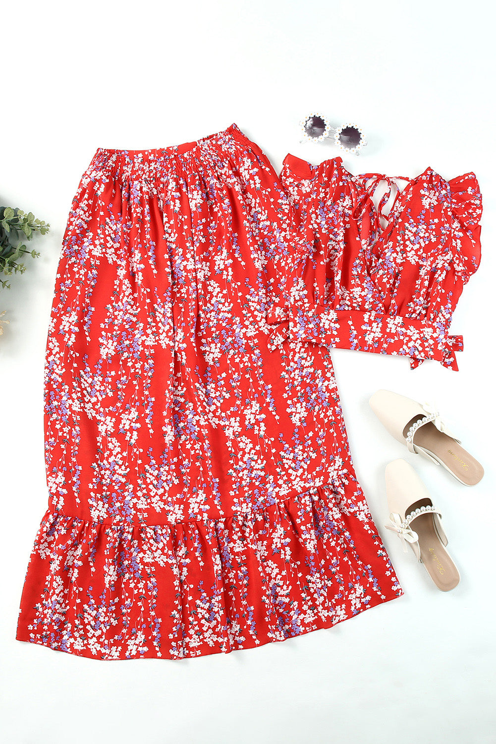 Red Multicolor Floral Ruffled Crop Top and Maxi Skirt Set