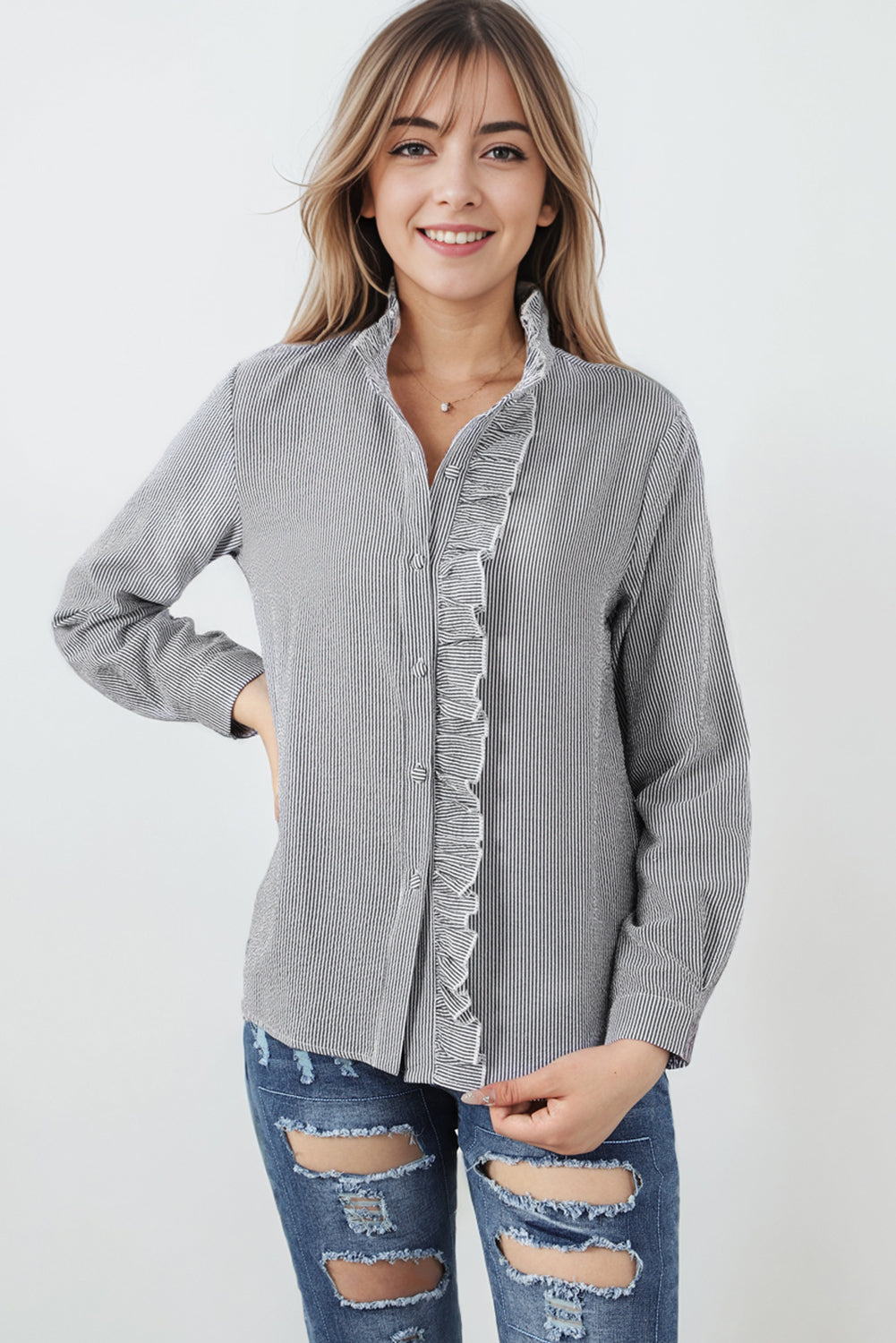 Gray Ruffled Trim Striped Print Textured Shirt