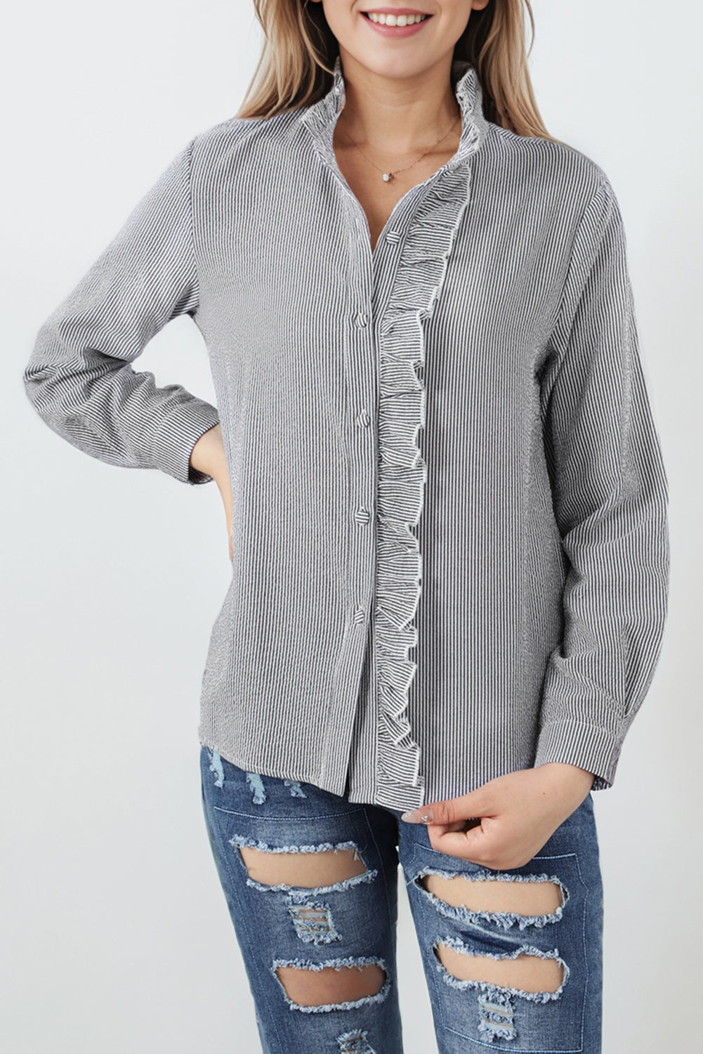 Gray Ruffled Trim Striped Print Textured Shirt