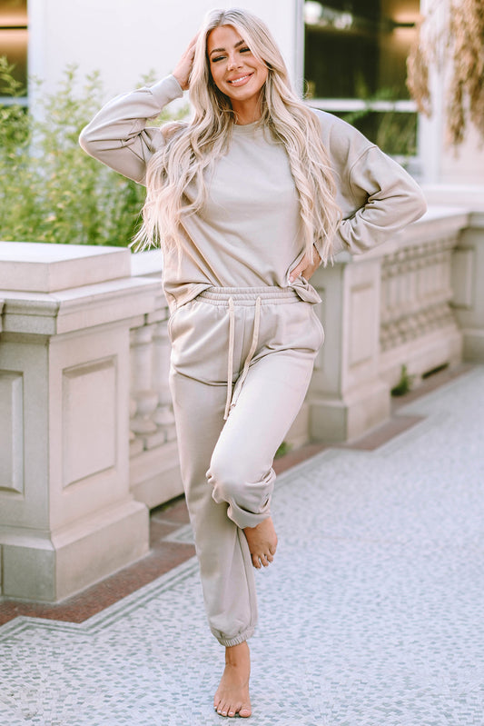 Beige Long Sleeve Top and Drawstring Pants Lounge Outfit