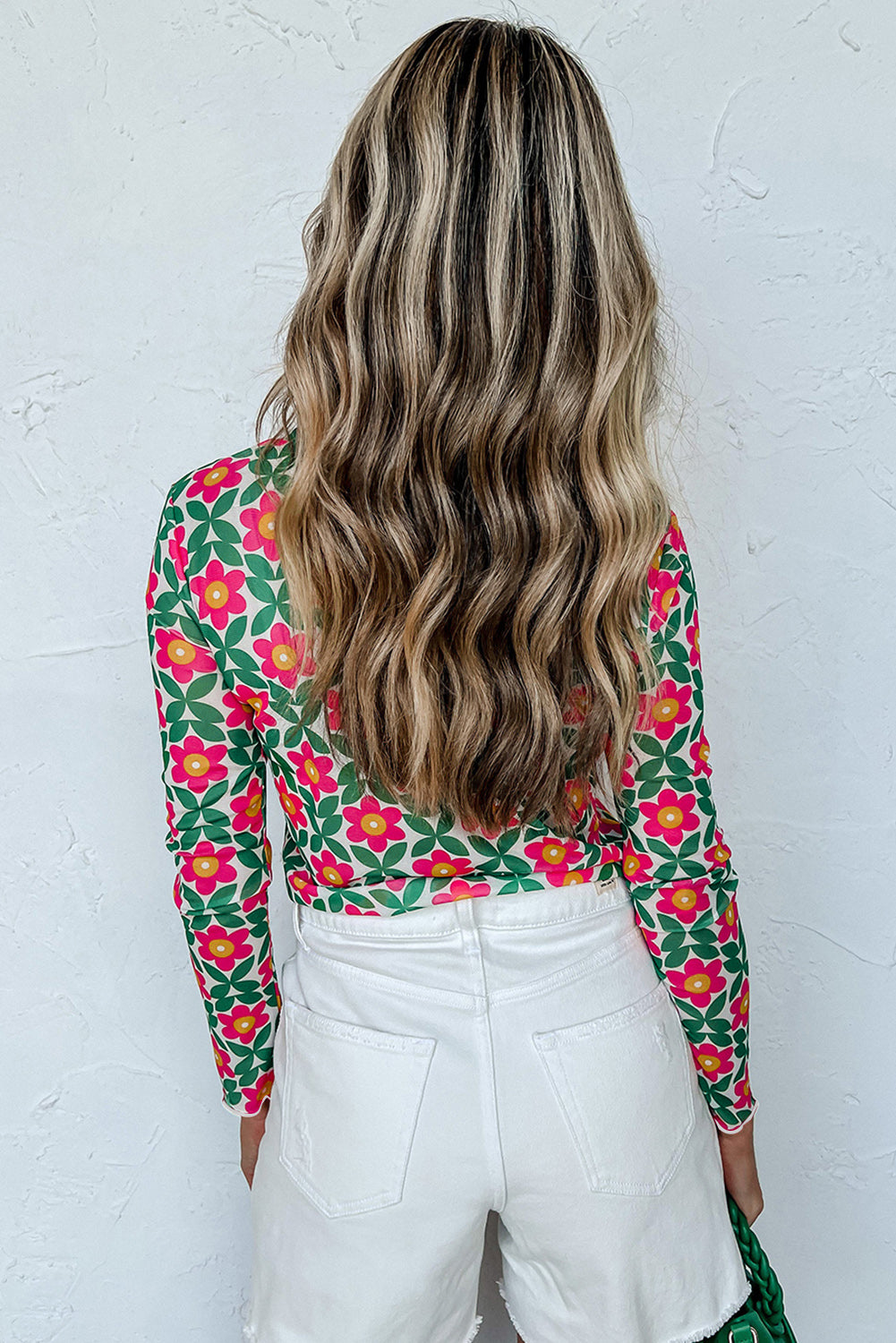 Red Retro Floral Print Stretchy Long Sleeve Top