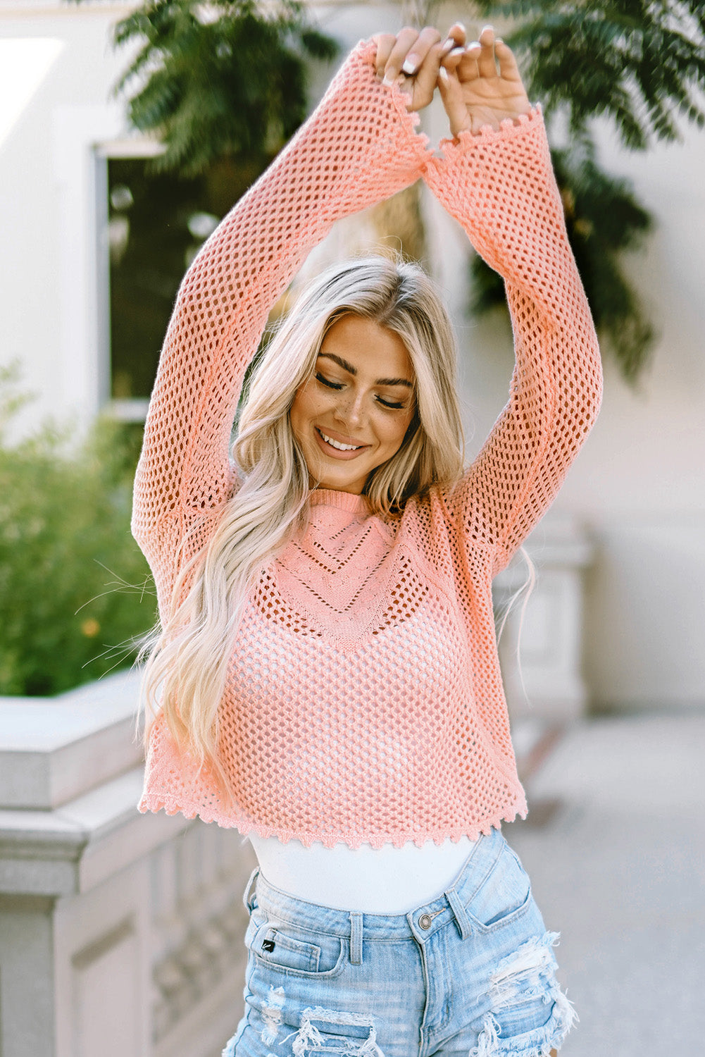 Pink Hollowed Eyelets Knit Bell Sleeve Sweater