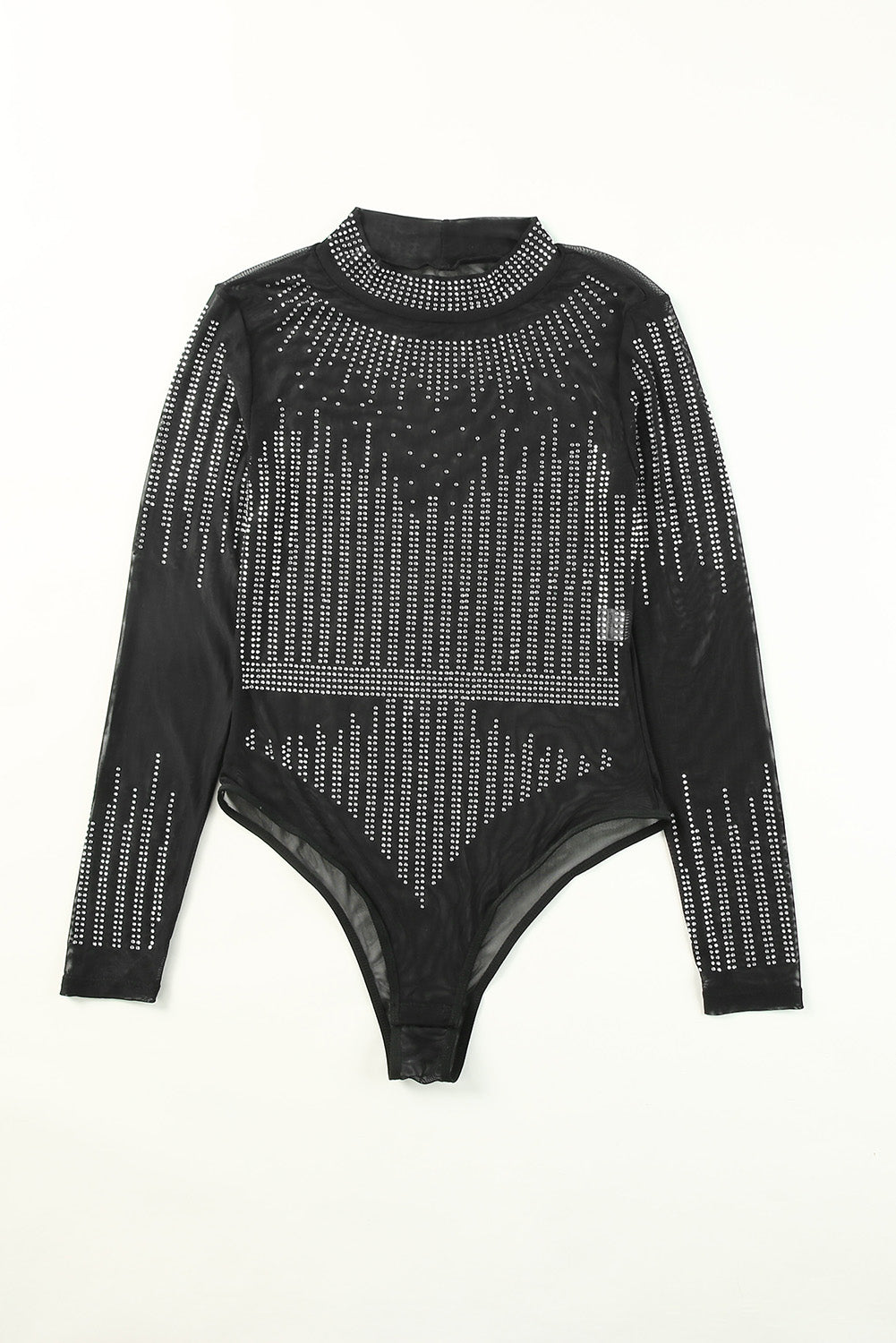 Black Rhinestone Sheer Mesh Long Sleeve Bodysuit