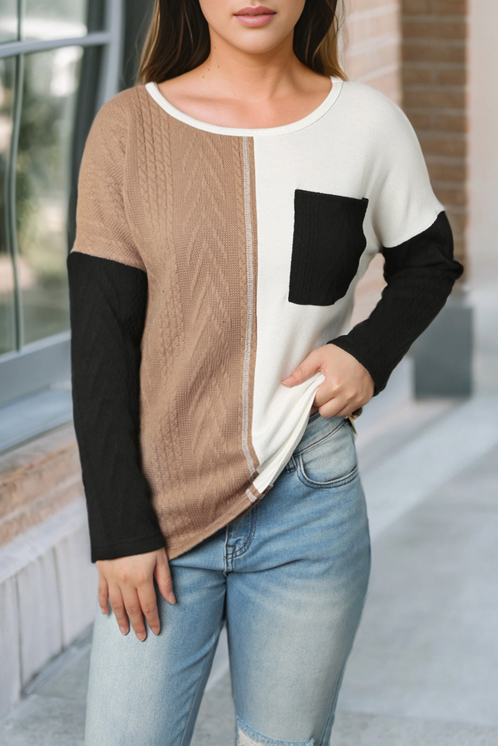 Black Long Sleeve Colorblock Chest Pocket Textured Knit Top