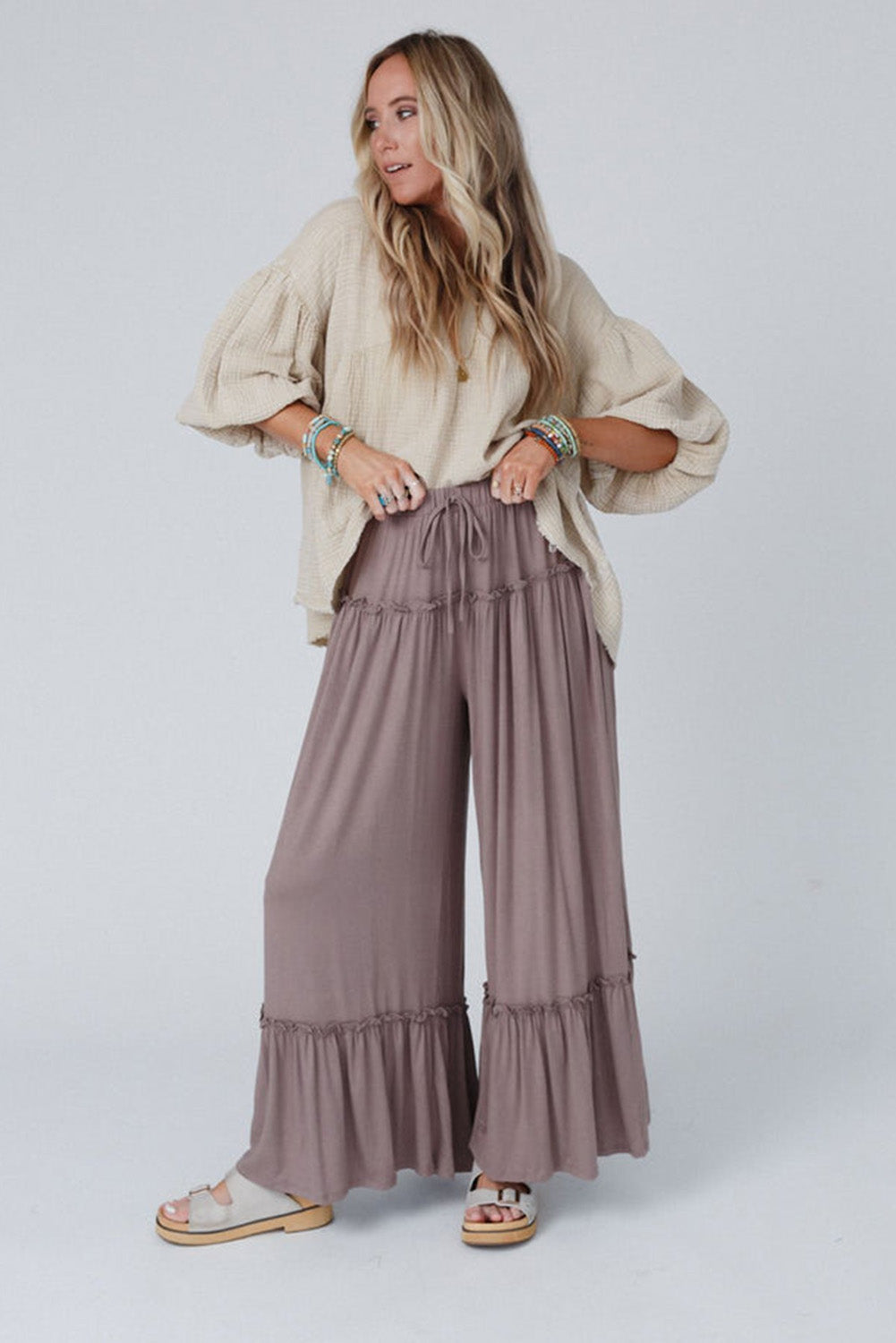 Khaki Frilled Drawstring High Waist Wide Leg Pants