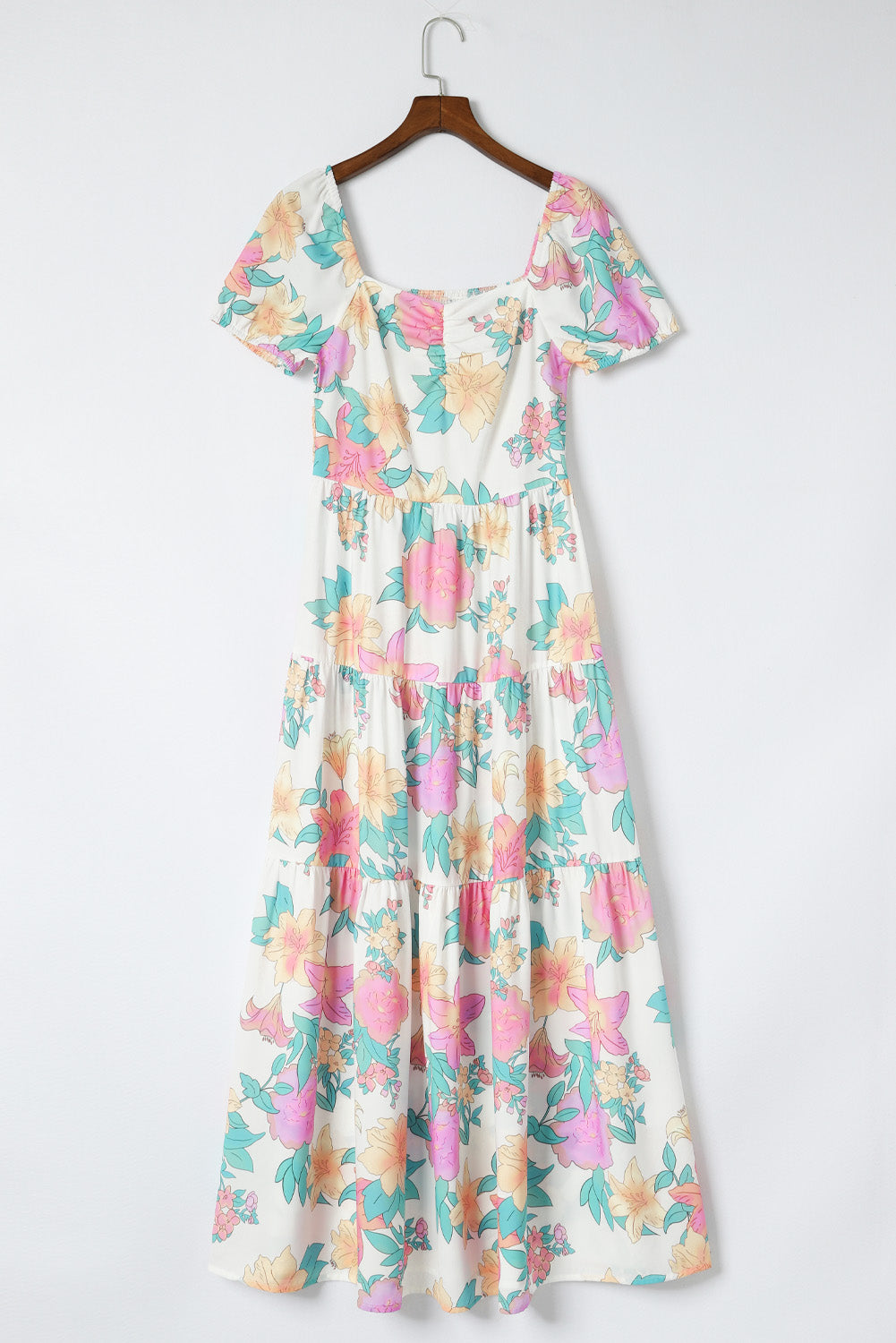 Multicolor Square Neck Puff Sleeve Tiered Floral Maxi Dress