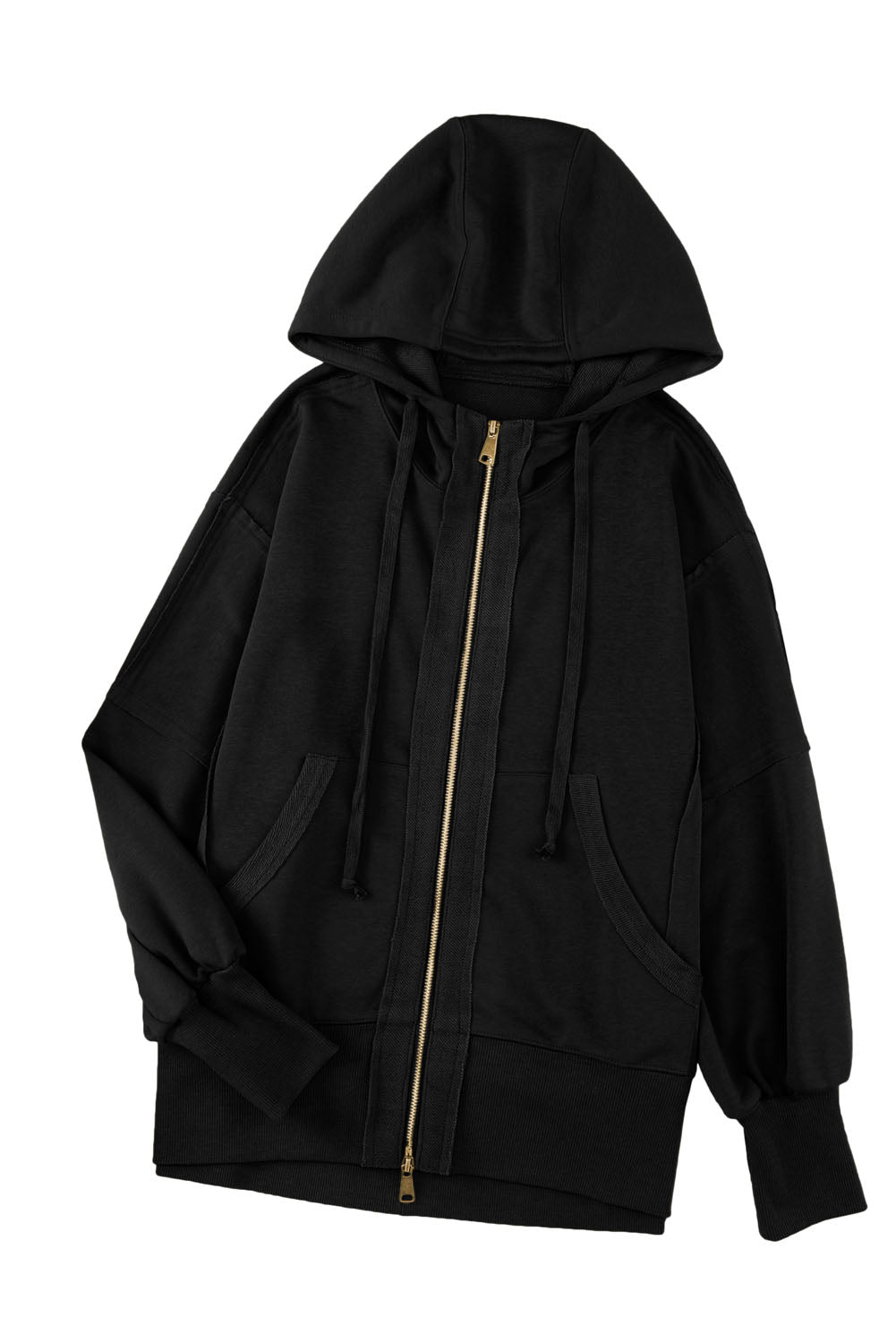 Black  Raw Edge Exposed Seam Full Zip Hoodie