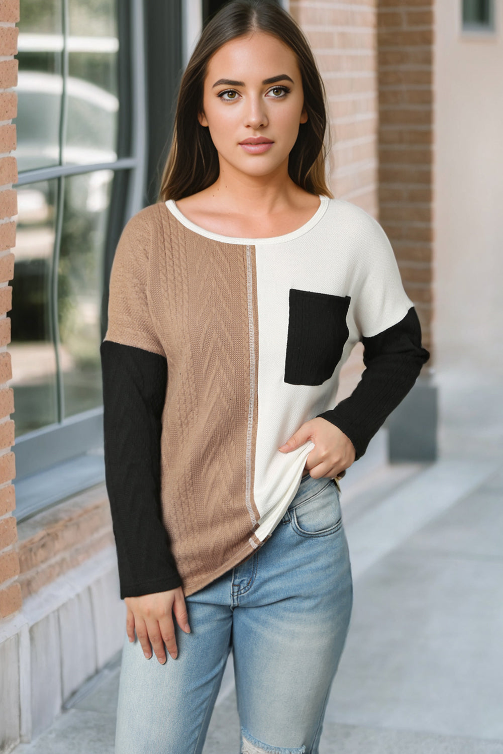 Black Long Sleeve Colorblock Chest Pocket Textured Knit Top