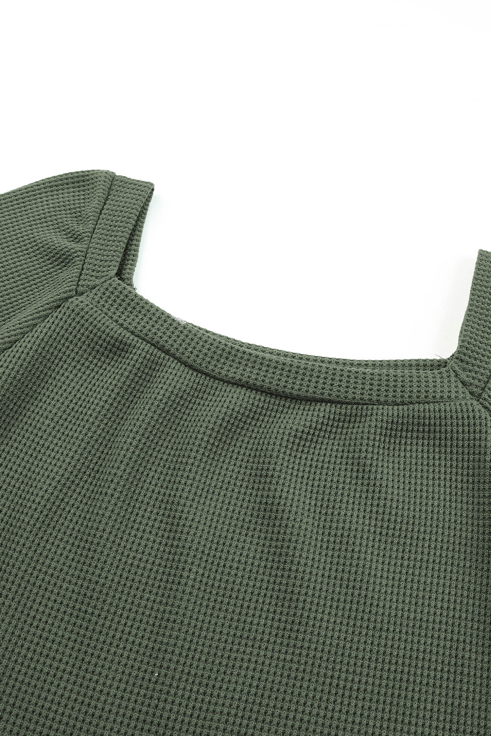 Green Scoop Neck Puff Sleeve Waffle Knit Top