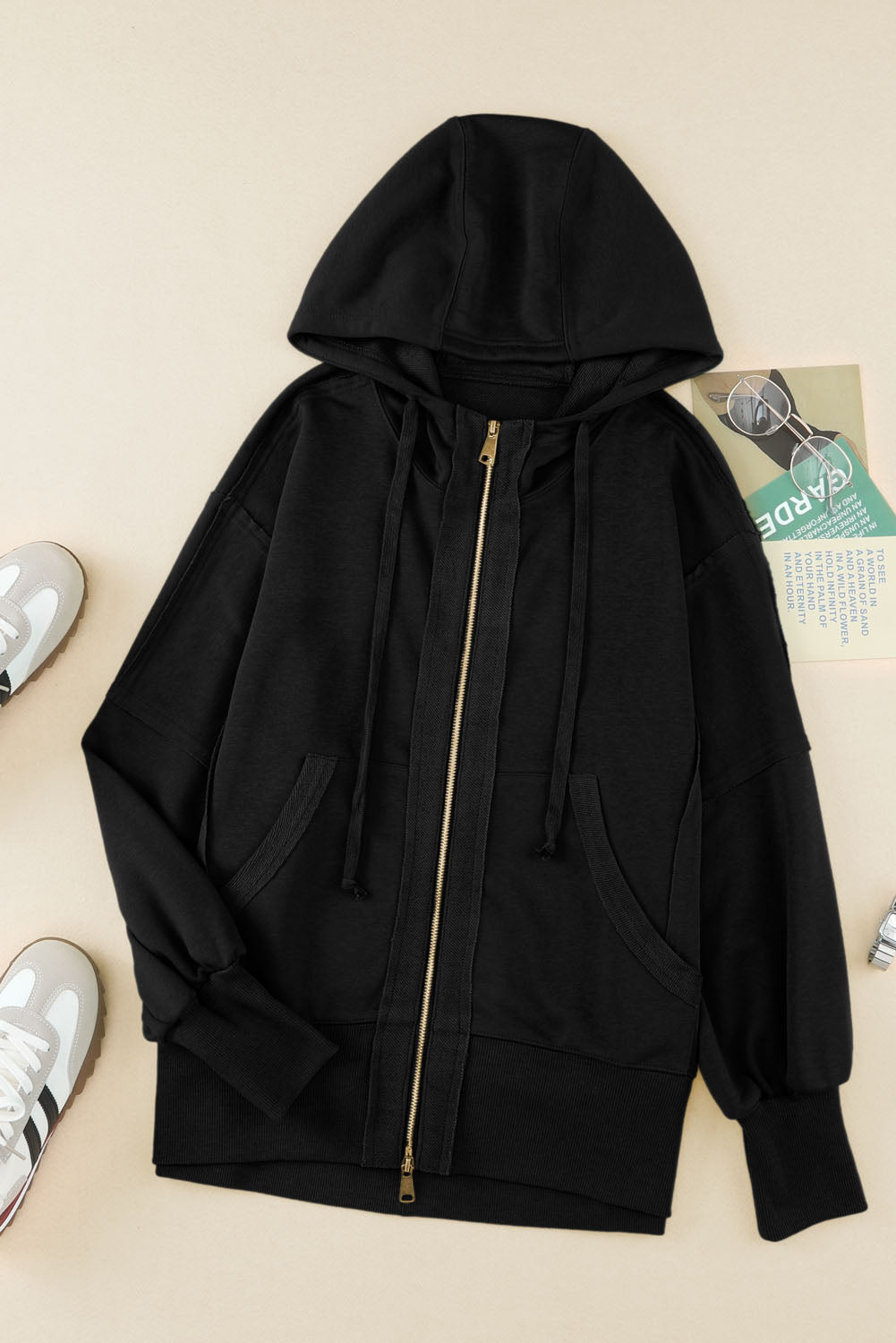 Black  Raw Edge Exposed Seam Full Zip Hoodie