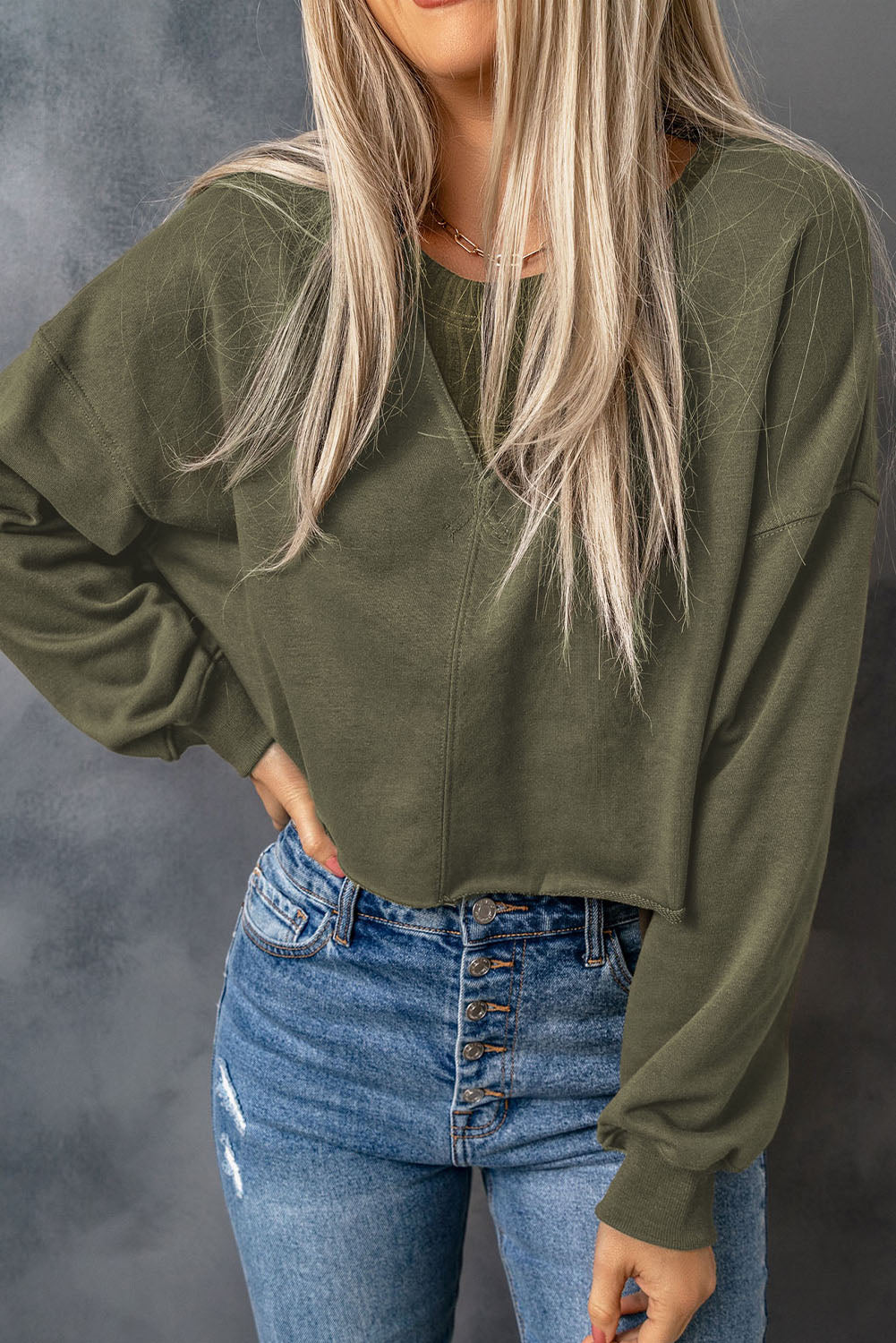 Green Drop Shoulder Cropped Sweatshirt