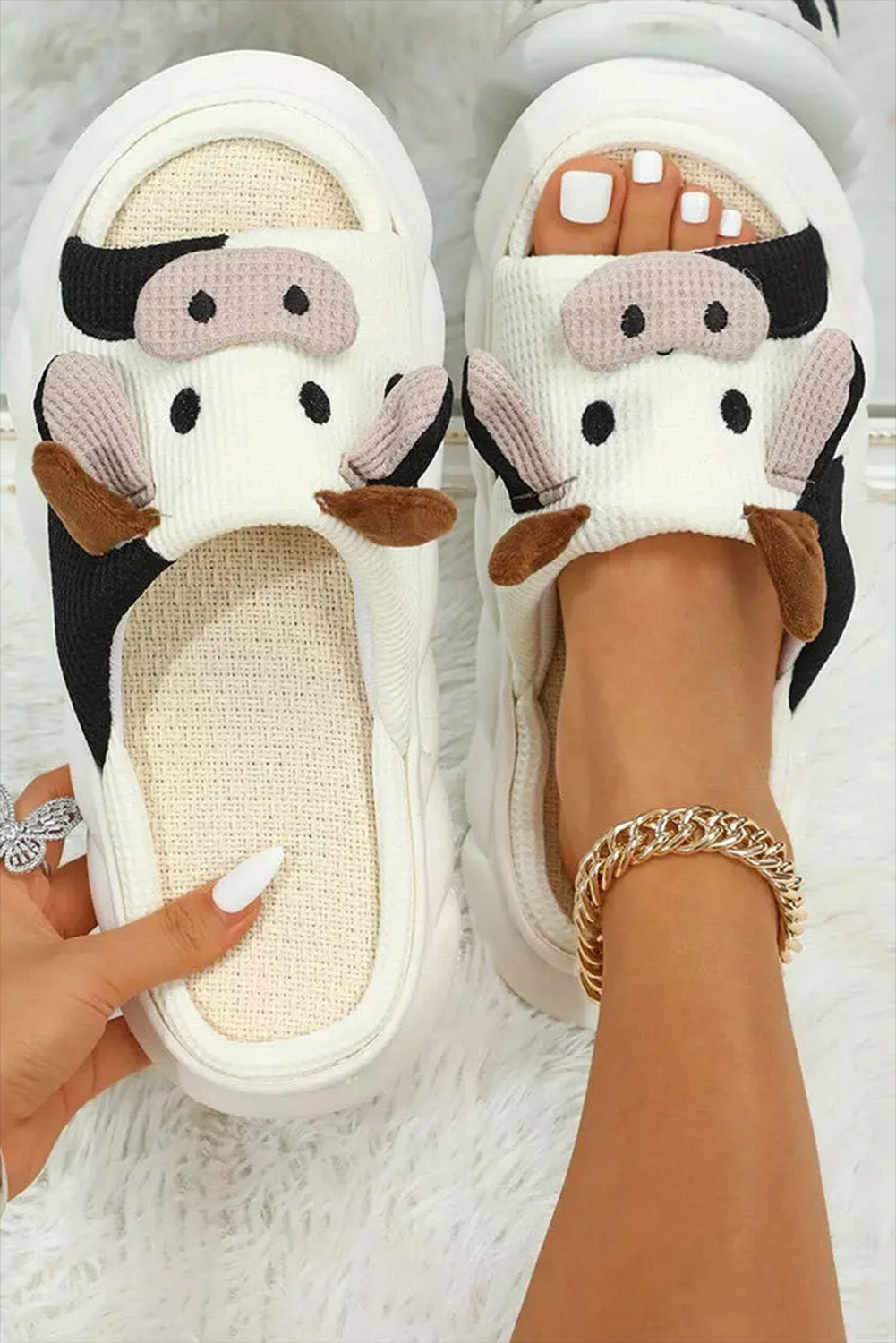 Bright White Cute Cow Pattern Open Toe Slippers