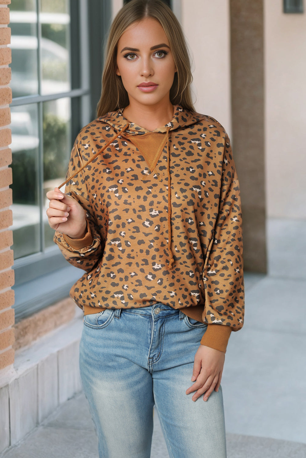 Leopard Long Sleeve Drawstring Cropped Hoodie