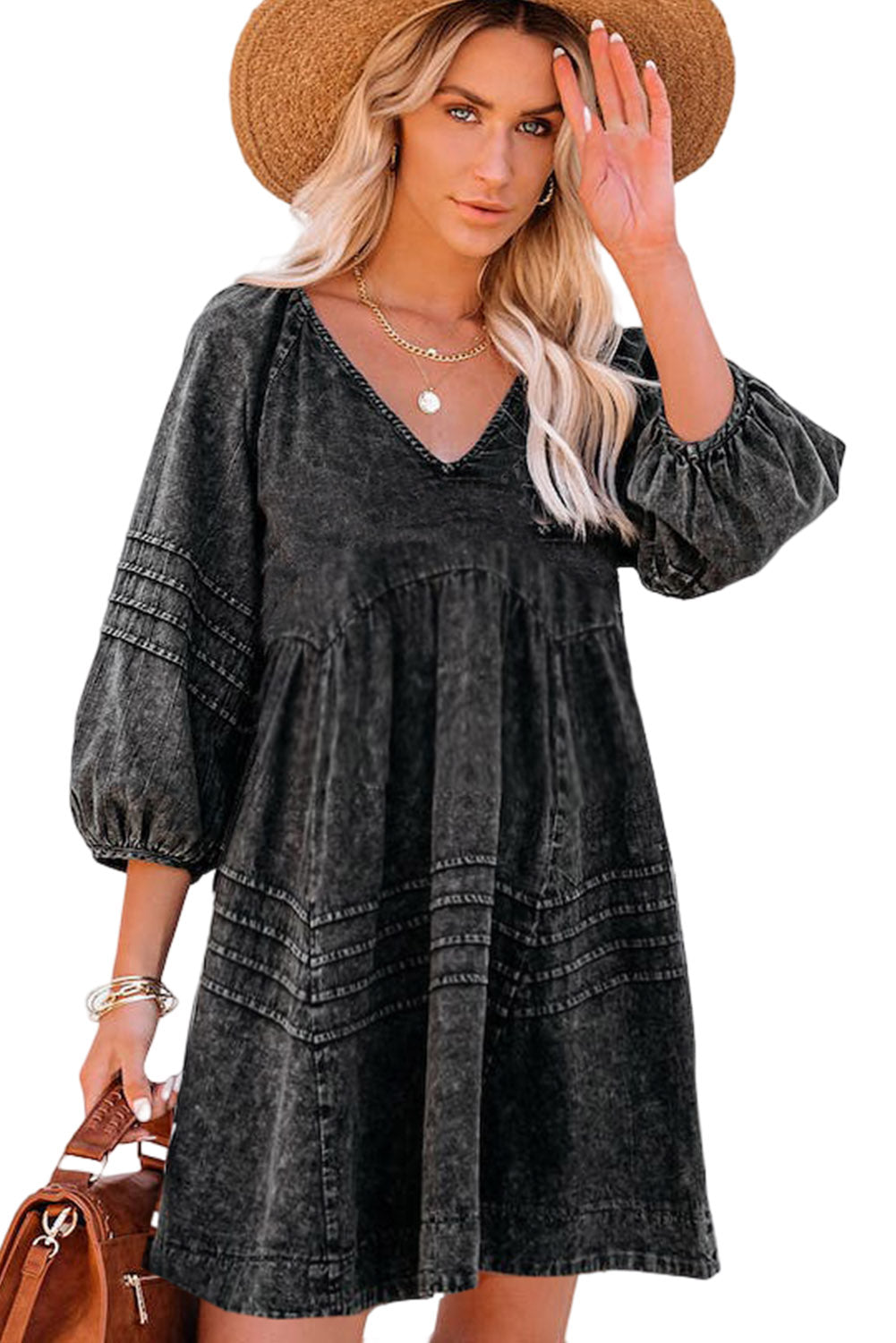 Black Pleated V Neck Puff Sleeve Denim Babydoll Dress