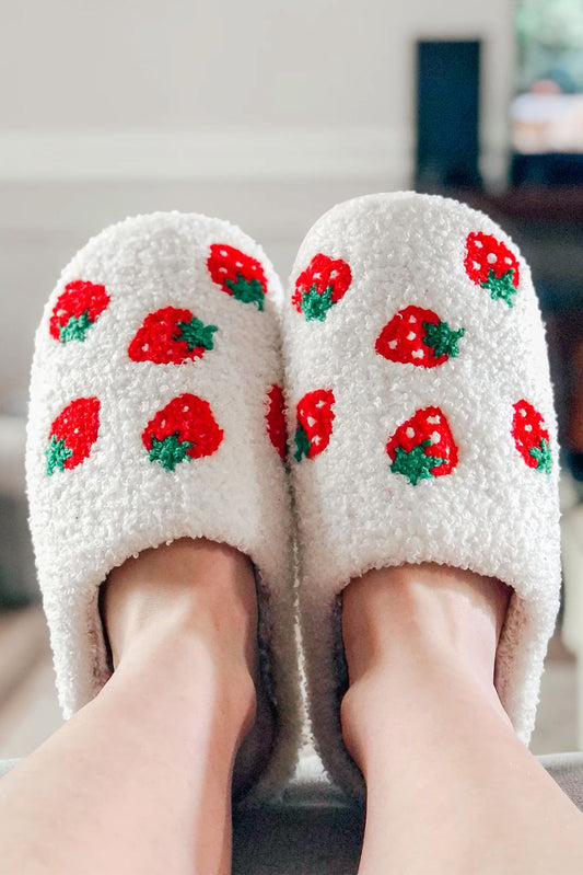 Bright White Cute Fuzzy Strawberry Pattern Home Slippers
