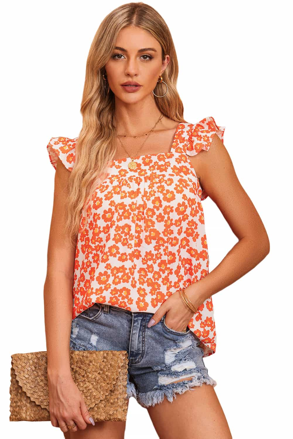 Orange Floral Print Square Neck Ruffle Tank Top