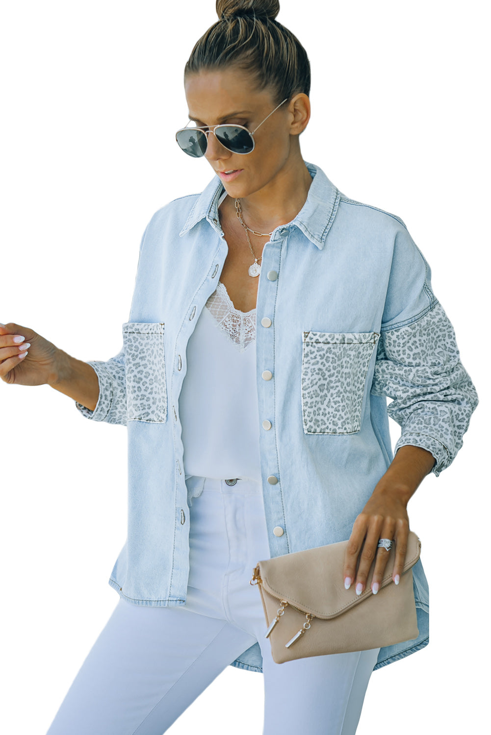 Sky Blue Contrast Leopard Denim Jacket