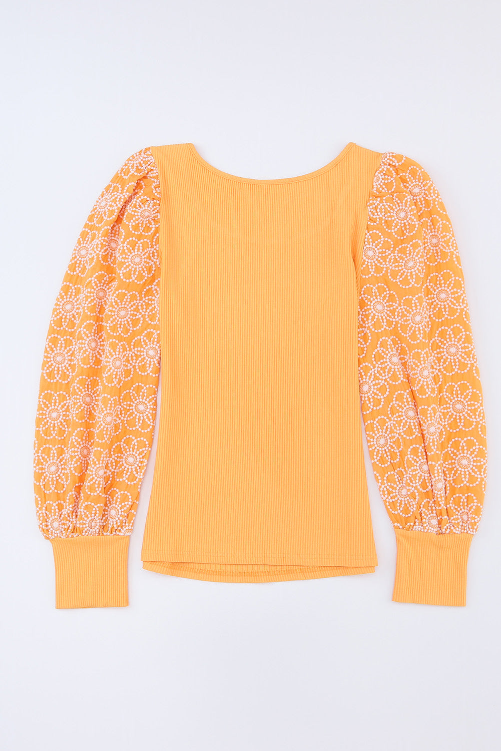 Yellow Flower Puff Sleeve Ribbed Knit Top