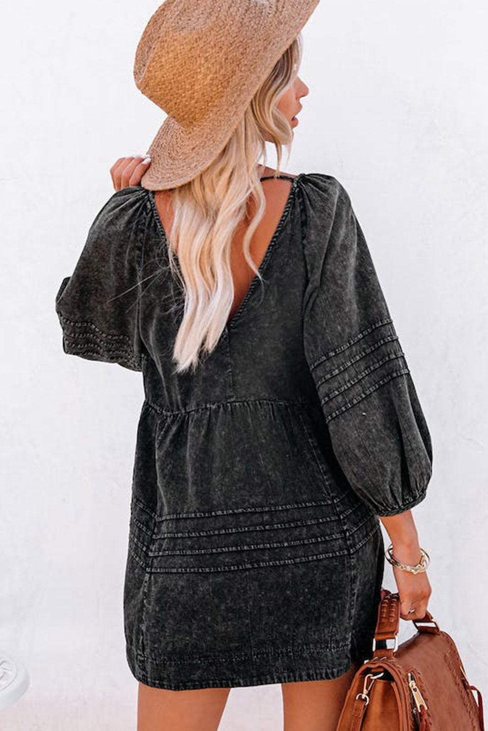 Black Pleated V Neck Puff Sleeve Denim Babydoll Dress