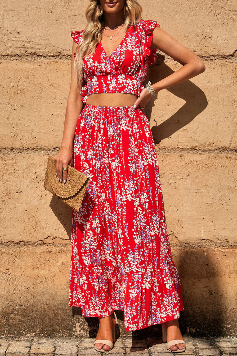 Red Multicolor Floral Ruffled Crop Top and Maxi Skirt Set