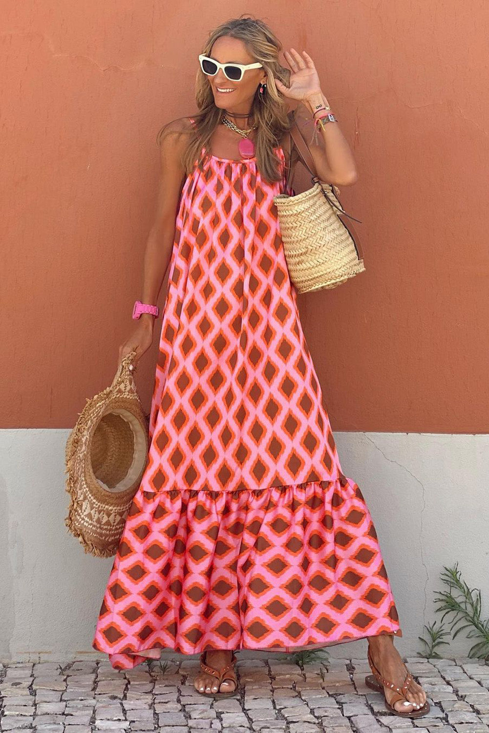 Red Geometric Print Loose Fit Sleeveless Maxi Dress