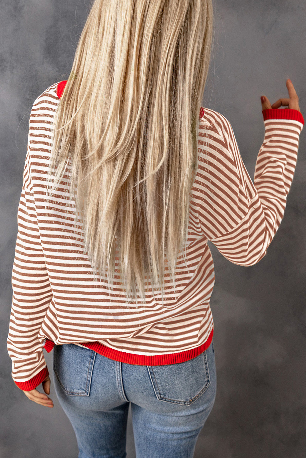 Brown Contrast Trimmed Striped Drop Shoulder Sweater