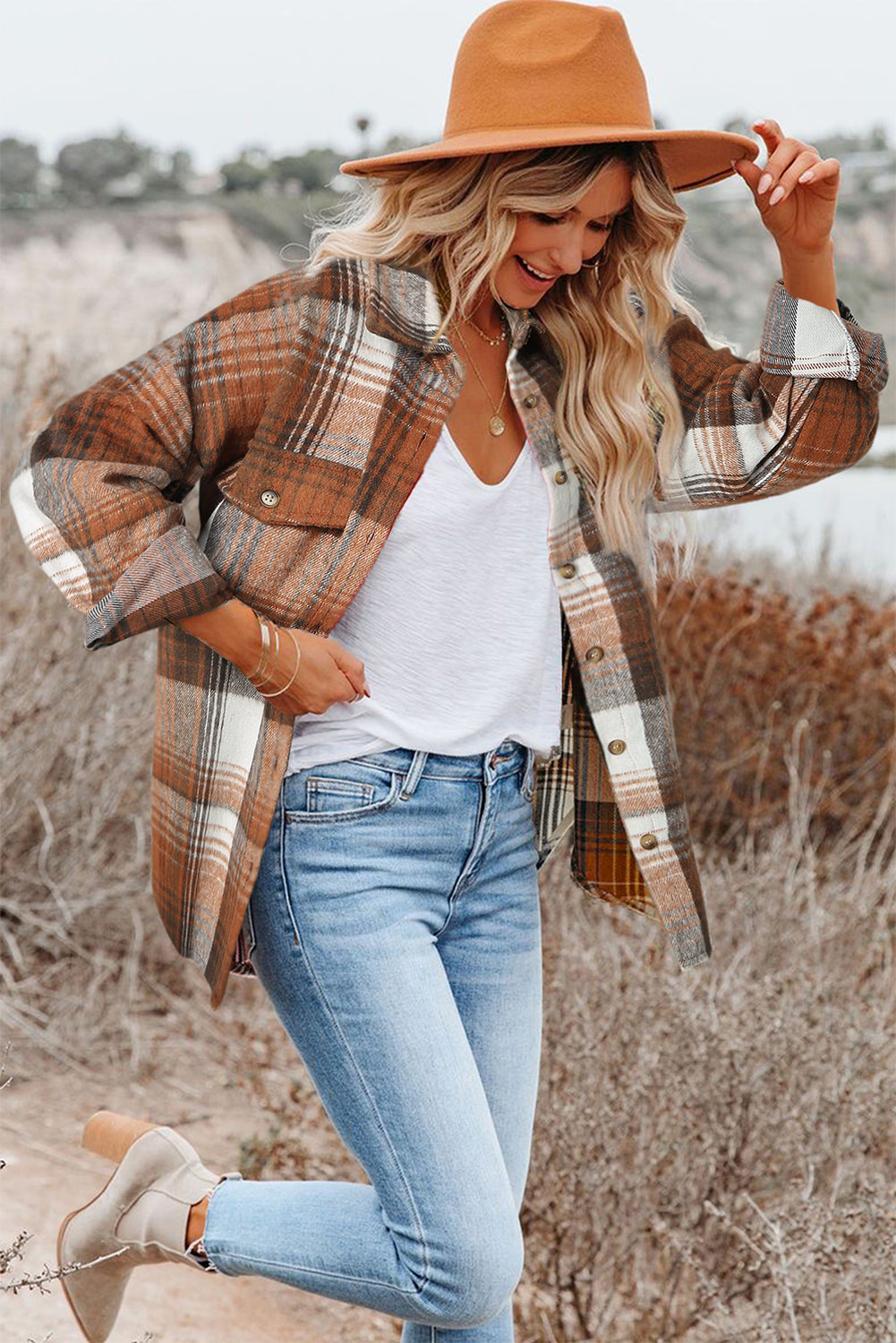 Brown Plaid Flap Pockets Shacket