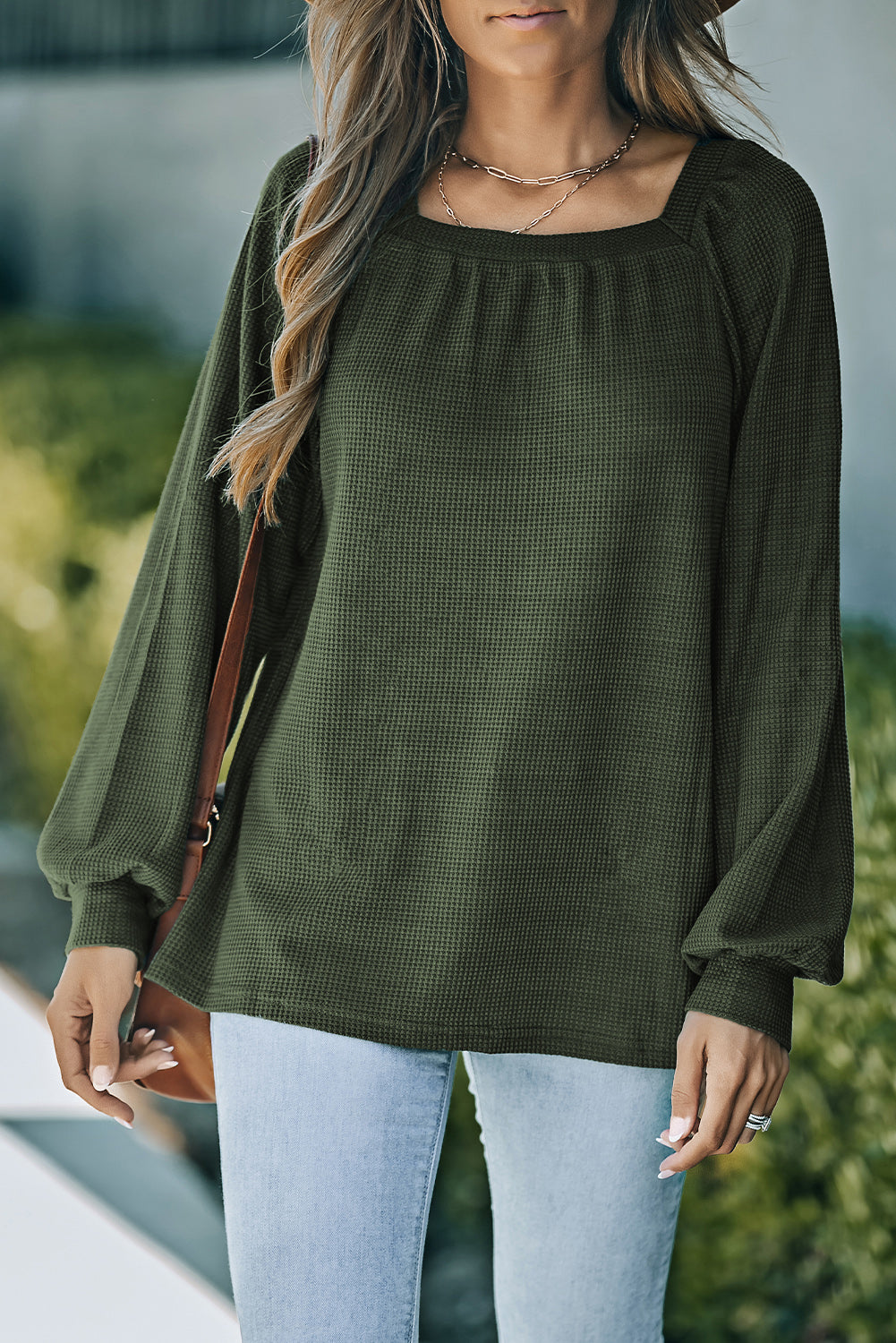 Green Scoop Neck Puff Sleeve Waffle Knit Top