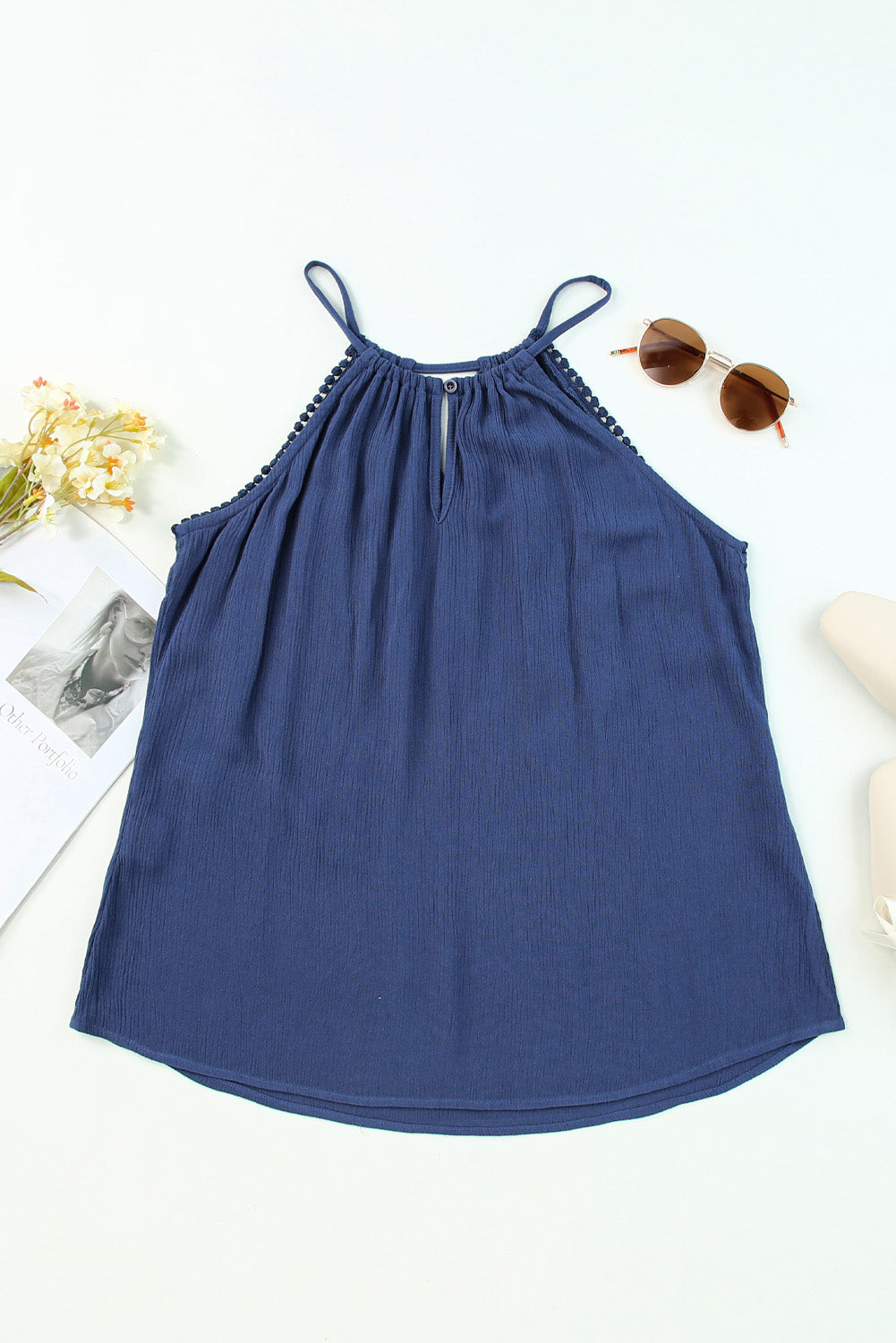 Blue Pompom Trim Cut out Tank Top