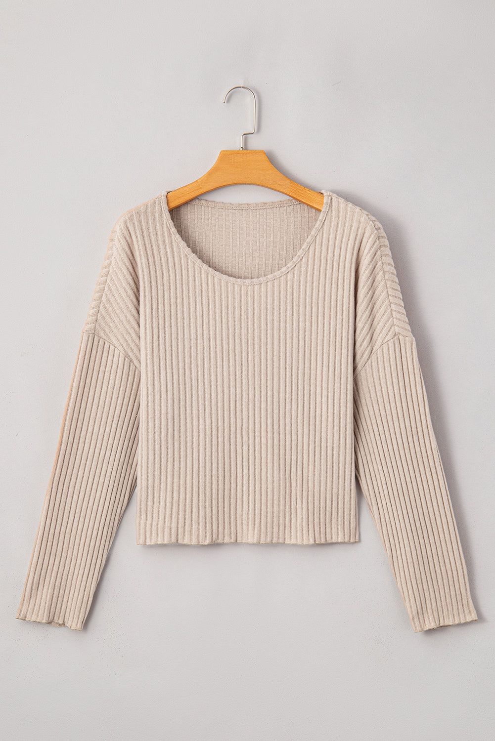 Beige Lettuce Cuffs Drop Shoulder Loose Ribbed Knit Top