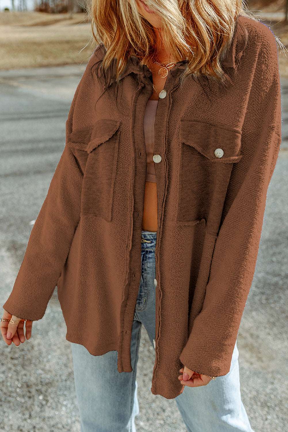 Brown Contrast Flap Pockets Relaxed Shacket