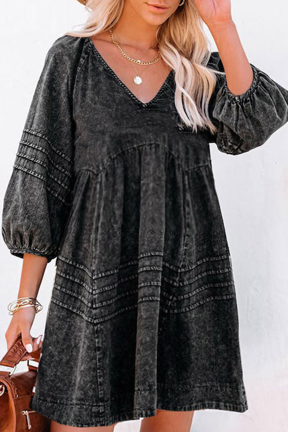 Black Pleated V Neck Puff Sleeve Denim Babydoll Dress