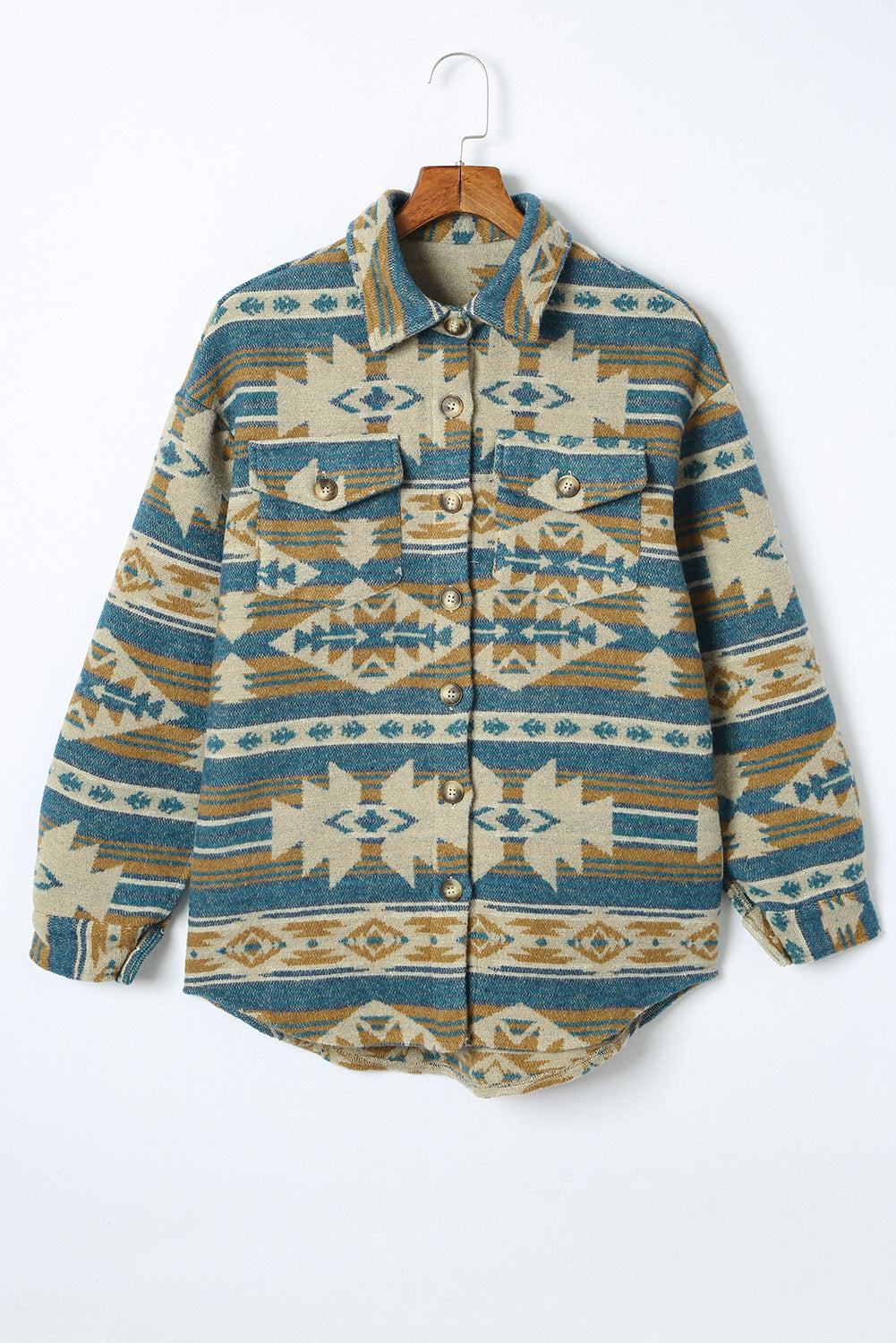 Blue Western Aztec Print Button Flap Pocket Shacket