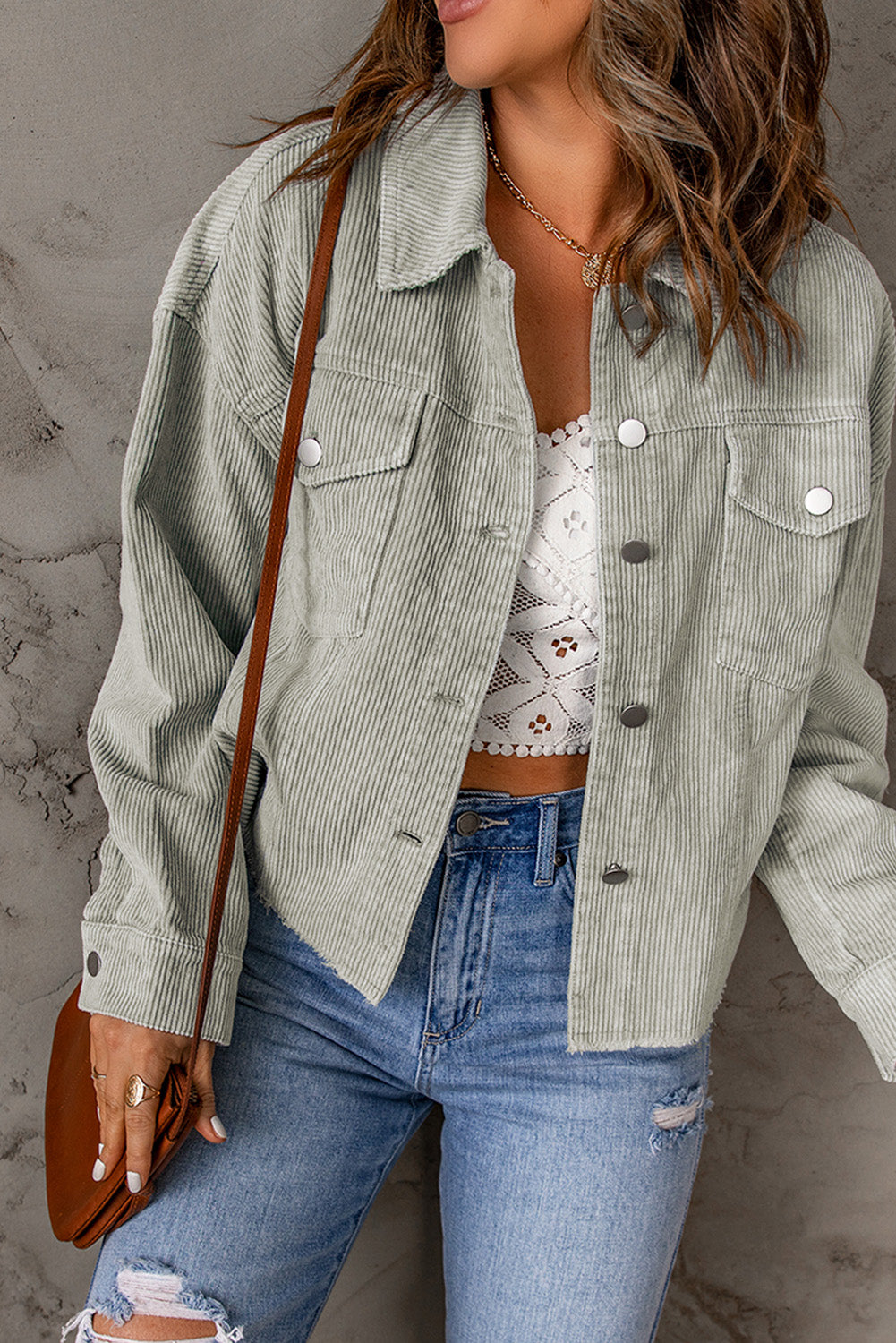 Sky Blue Raw Hem Flap Pockets Cropped Corduroy Jacket