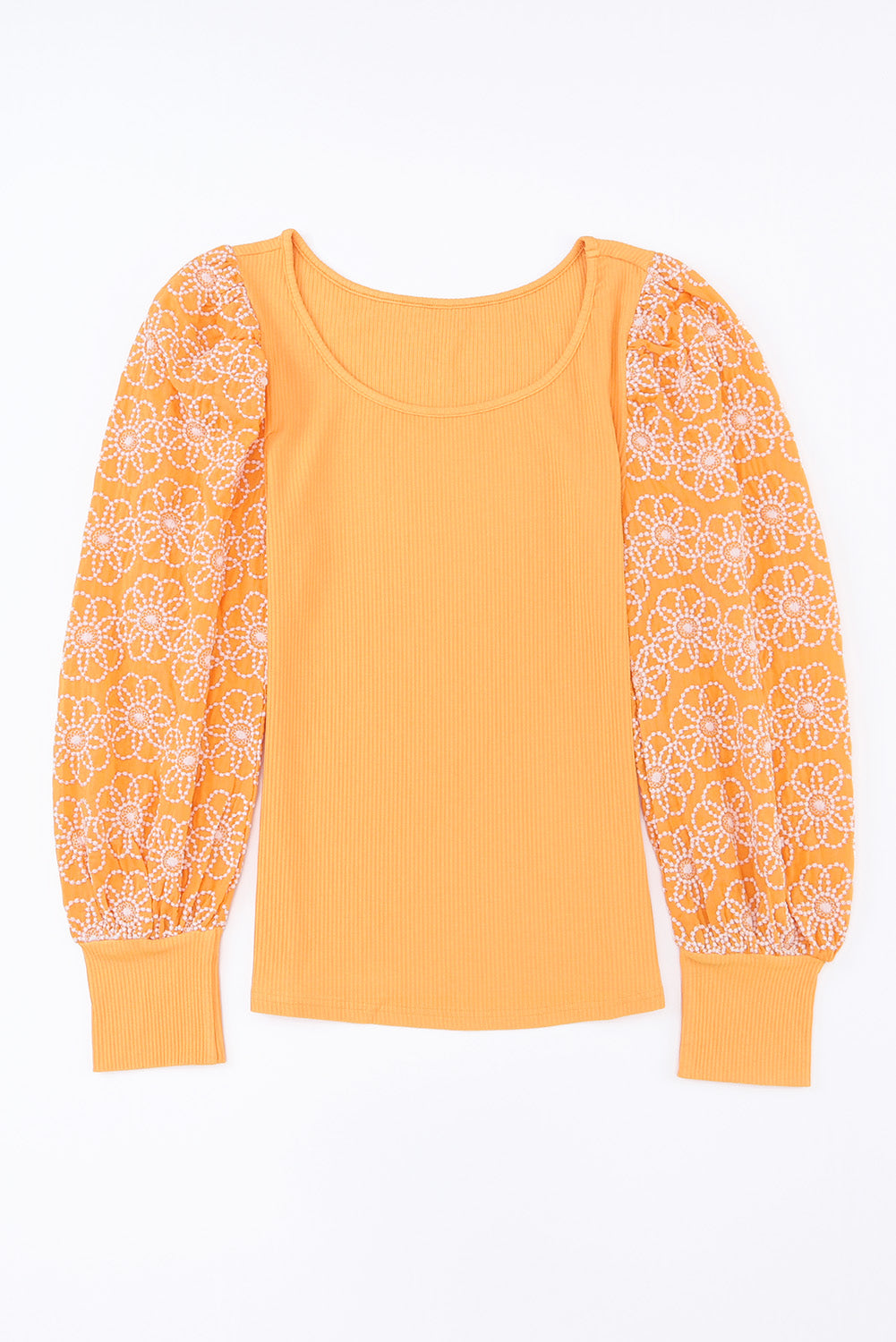 Yellow Flower Puff Sleeve Ribbed Knit Top