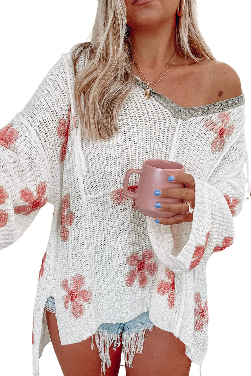 White Floral Print Lightweight Knit Hooded Sweater