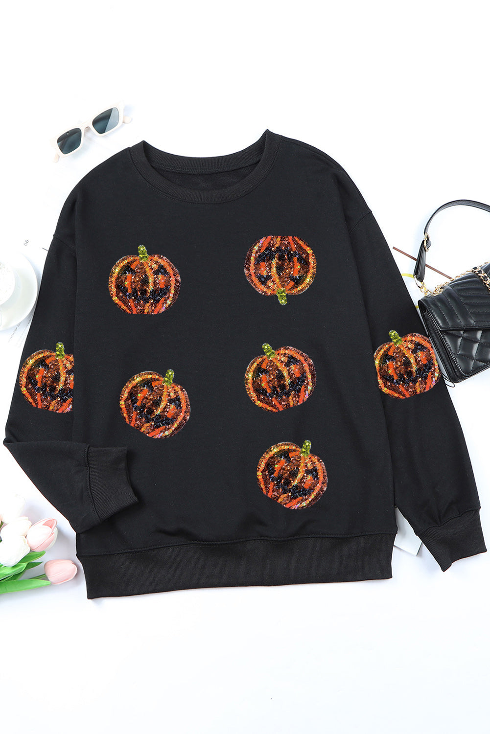 Black Sequin Halloween Pumpkin Graphic Pullover Sweatshirt