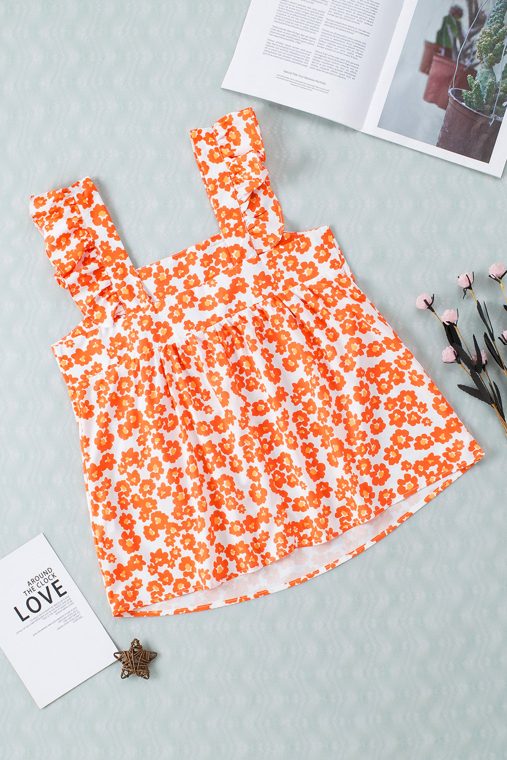 Orange Floral Print Square Neck Ruffle Tank Top