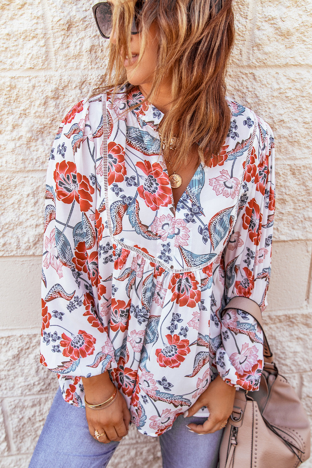 Red Split Neck Bubble Sleeve Floral Patchwork Blouse