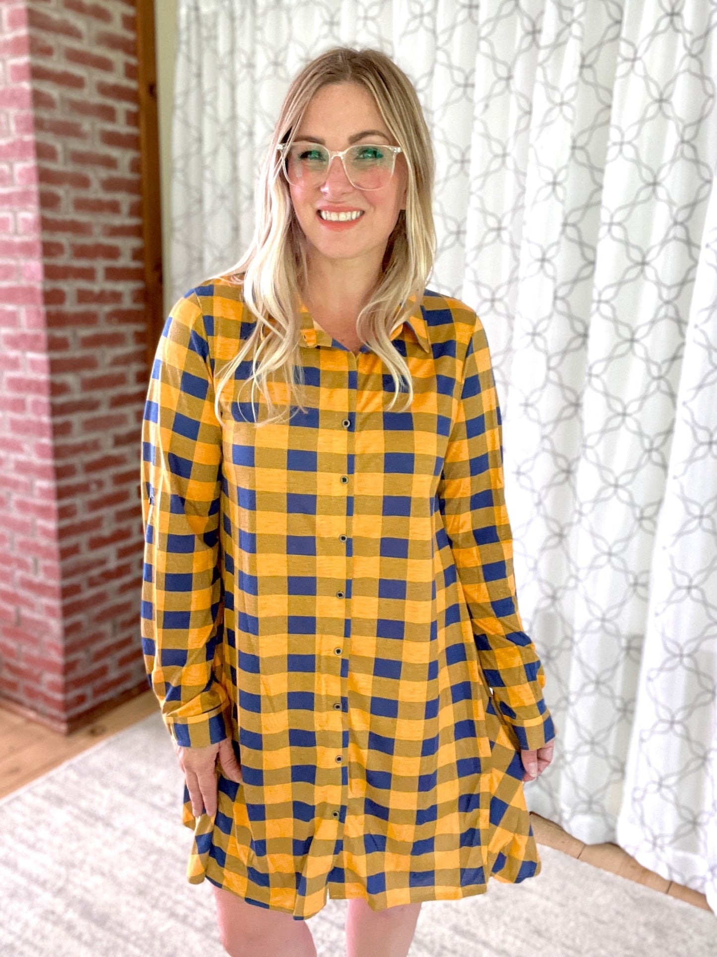 Lookin' Cute Plaid Shirt Dress in Mustard