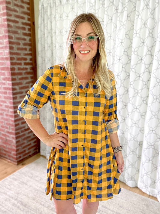 Lookin' Cute Plaid Shirt Dress in Mustard