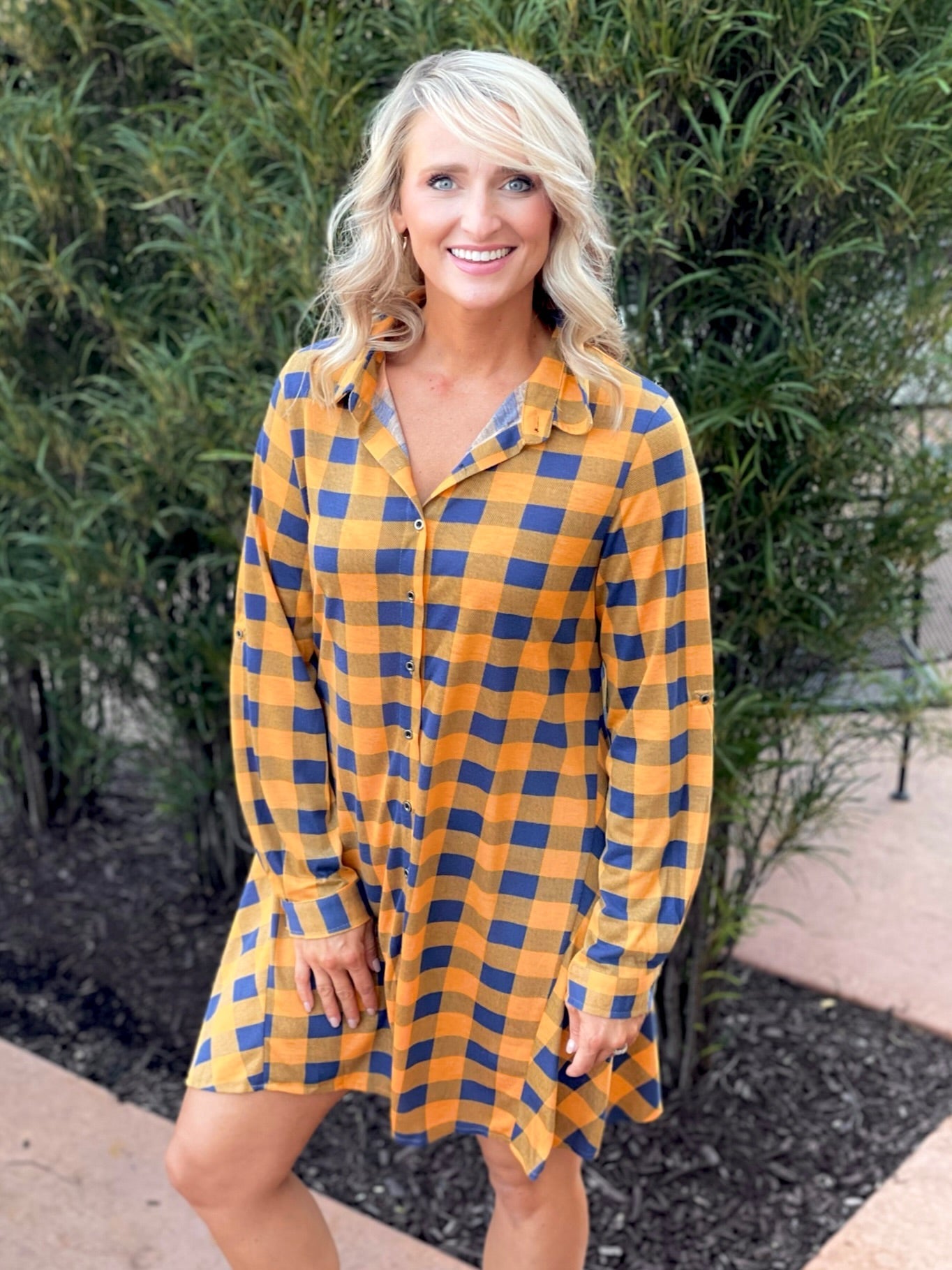 Lookin' Cute Plaid Shirt Dress in Mustard